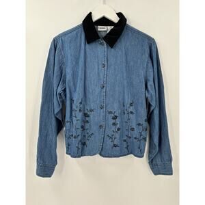Capacity Vintage Button Blouse Womens Medium Blue Floral Embroidered Denim